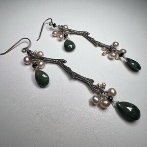 Green & Silver Branch Faux Pearl Jade Teardrop Dangle Earrings‎